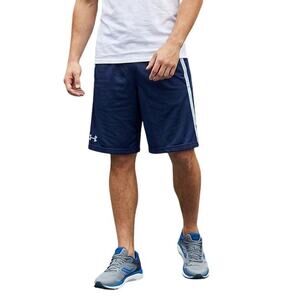 Under Armour Navy Logo Print Piping Accent Athletic Shorts, L